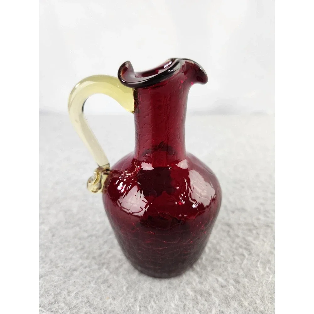 Vtg Pilgrim Handmade Crackle Ruby Red‎ Glass Gold Handled Pitcher Vase Sticker